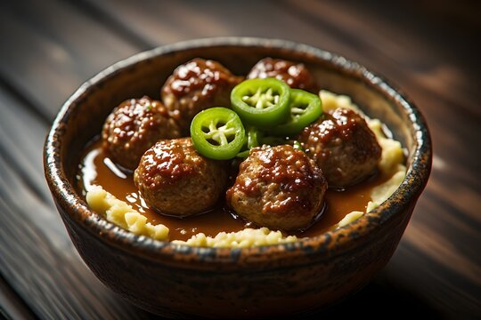 mississippi meatballs in a bowl topped with pepperoncini peppers, creamy mashed potatoes underneath