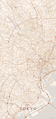 Obraz premium Warm copper beige map of Tokyo, Japan, featuring Tokyo Bay, intricate urban street grid, major expressway lines, and geographic coordinates.