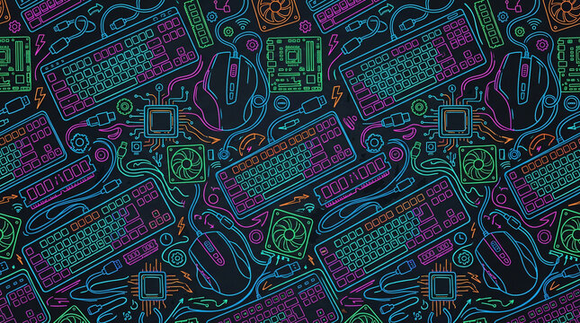 Seamless pattern modern mechanical gaming keyboards computer mice neon linear icons repeating tech doodle vector graphics flat background gamers gear accessories desktop wallpaper backdrop