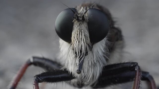 Extreme macro portrait of an insect face, high detail close up of a robber fly showing massive textured compound eyes
