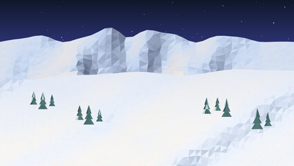 Low poly winter landscape with snowy mountains and pine trees at night © Monad Nomad
