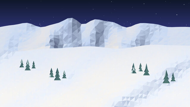 Low poly winter landscape with snowy mountains and pine trees at night