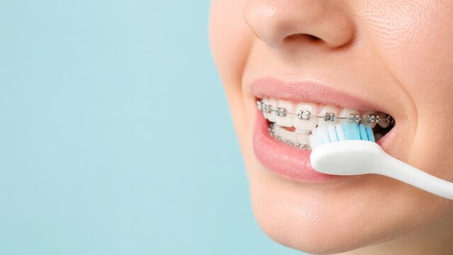 Woman brushing teeth with metal braces using toothbrush. Dental care and oral hygiene during orthodontic treatment. Healthy smile and teeth alignment concept for stomatology clinic