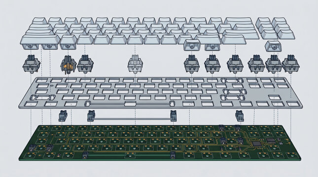 Mechanical keyboard switches keycaps layout breakdown structure mechanical engineering components custom computer hardware diy gaming workspace infographic blueprint poster artwork collection