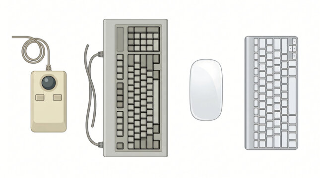 Evolution computer input devices vintage retro mechanical mouse trackball classic keyboards modern sleek wireless touch peripherals history technology progress set elements background graphics