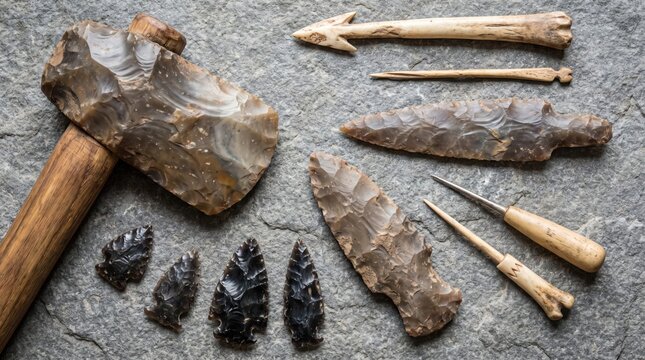 Collection of stone age tools on rock surface