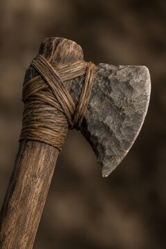Primitive stone axe with wooden handle close-up