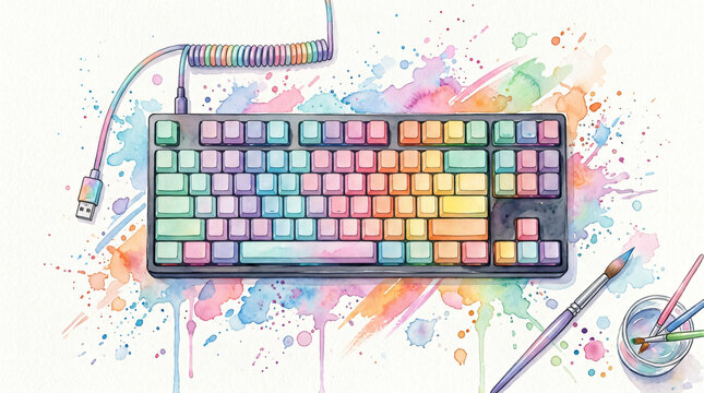 Watercolor illustration gaming mechanical keyboard customized keycaps abstract pastel paint splashes colorful creative workspace technology artistic computer equipment design background