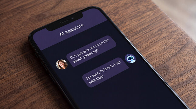 Smartphone on wooden table displaying purple AI assistant chat about gardening tips with user and intelligent bot messages