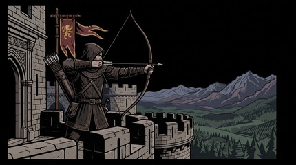 Fototapeta premium Medieval archer standing on castle battlements at dusk.