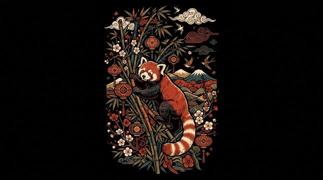 Red panda resting among colorful flowers and foliage illustration.