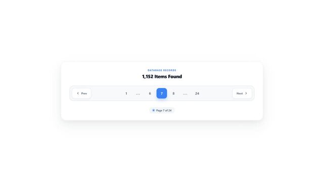 Ultra-modern, premium light mode pagination UI component with sleek blue accents, smooth pill sliding animation, and dynamic page range updates on a transparent background.