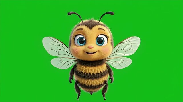 Cute cartoon bee character waving on green screen
