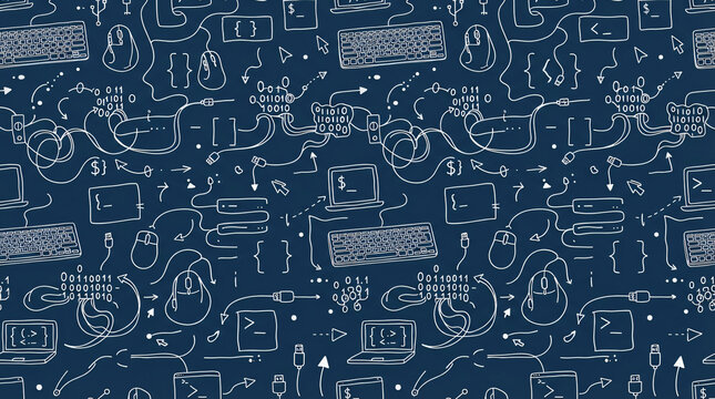 Seamless pattern coding programming elements computer keyboards ergonomic vertical mice binary nodes data wires repeating line doodle vector graphics dark blue background wallpaper backdrop