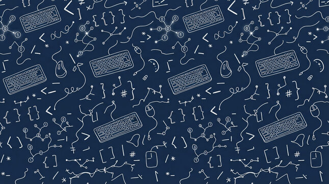 Seamless pattern coding programming elements computer keyboards ergonomic vertical mice binary nodes data wires repeating line doodle vector graphics dark blue background wallpaper backdrop