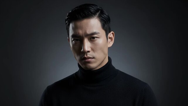 Serious young man portrait in black turtleneck sweater