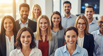 Fototapeta premium Portrait of a massive corporate diverse group smiling in office perfect for huge global company teamwork extensive staff inclusion and highly successful career partnership