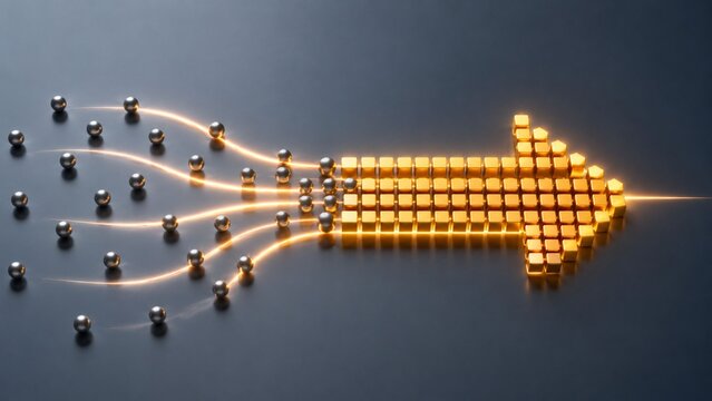 Conceptual 3D render of metallic spheres merging into a glowing golden arrow, symbolizing data unity, swift progress, and strategic business direction on a dark background.