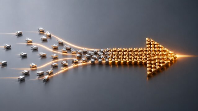 Conceptual 3D illustration of small silver arrows merging into a large golden arrow, representing strategic leadership, business synergy, growth, and unified direction toward success.