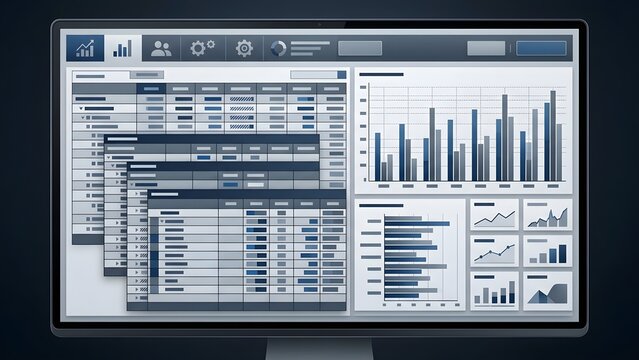 Digital dashboard interface showcasing financial data with charts and spreadsheets, digital art