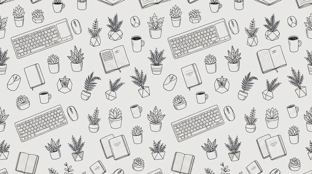 Seamless pattern modern office workstation elements wireless keyboards optical mice notebooks potted plants repeating fine line doodle vector graphics light gray background wallpaper