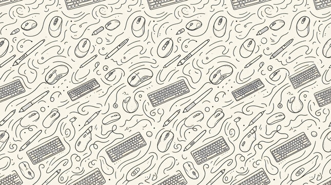 Seamless pattern creative digital art equipment ergonomic computer mice graphics tablet pens minimalist keyboards repeating elegant doodle style vector graphics cream background backdrop
