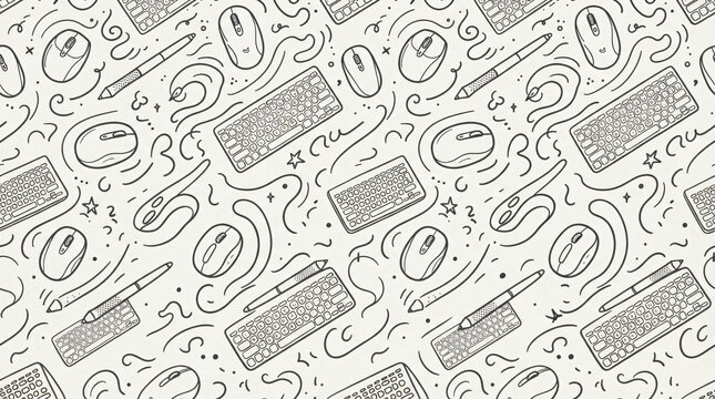 Seamless pattern creative digital art equipment ergonomic computer mice graphics tablet pens minimalist keyboards repeating elegant doodle style vector graphics cream background backdrop