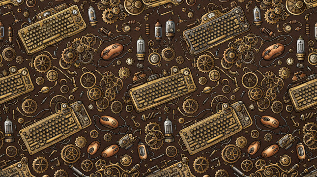 Seamless pattern steampunk computer devices brass mechanical keyboards copper retro mice gears cogs repeating vintage doodle style vector graphics dark brown background wallpaper