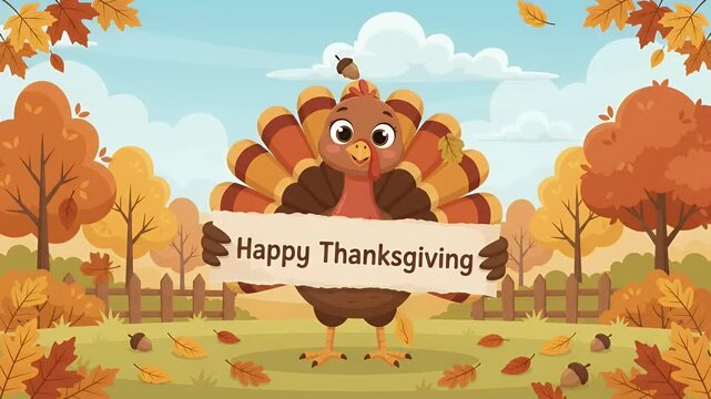 Cute cartoon turkey holding happy thanksgiving sign
