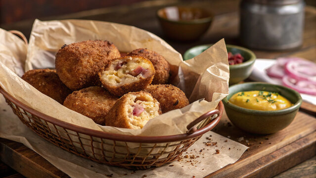 Photorealistic pulled pork potato croquettes with melted cheese, mustard, pickled onions and charred corn on a rustic market counter