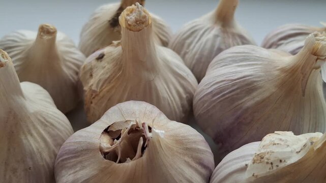Macro video of unpeeled white garlic from a home garden