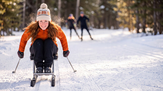 Smiling woman with a disability using an adaptive sit-ski on a cross-country skiing trail through a sunny winter forest