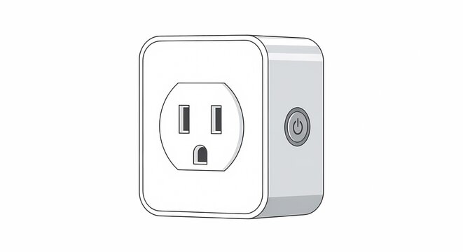 Modern white smart plug adapter featuring a US electrical outlet and power button on the side. Minimalist 3d illustration for smart home automation, energy management, and iot technology concepts.