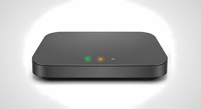 Sleek black electronic device, smart home hub or network router with green and orange LED status lights, 3D render of a wireless internet modem isolated on white background.