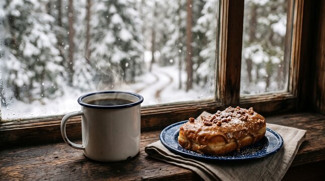 Donut Coffee Break with Pecan Glazed Pastry and Hot Drink in Enamel Mug on Wooden Windowsill Overlooking Snowy Winter Forest Scene for Seasonal Comfort