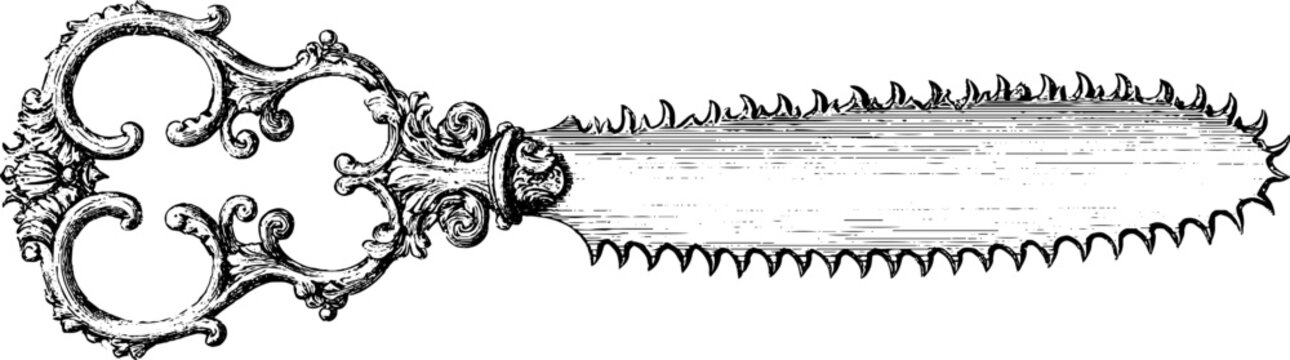 Antique engraving of decorative bone saw with ornate handle isolated on white background for historical medical illustration and museum poster design