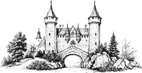 Obraz premium Antique engraved castle with arched bridge and twin towers isolated on white background for background or poster design