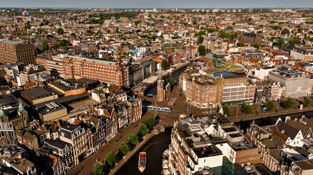 Amsterdam city center canal and tram seen from the air