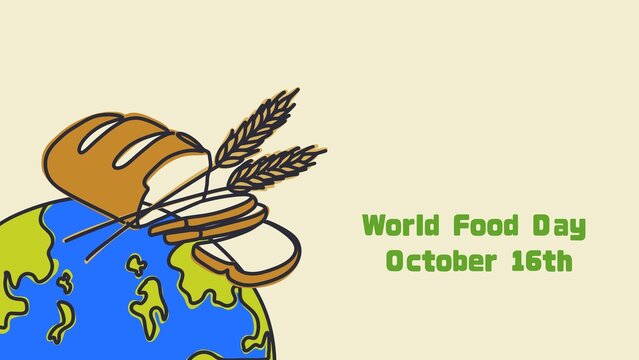 World Food Day October 16th banner with sliced bread wheat spikes on earth globe, global grain supply and food distribution illustration