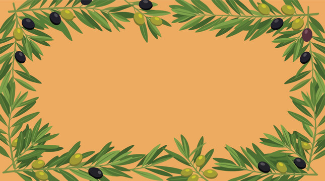 Olive branch border frame with mediterranean botanical elements in modern flat vector illustration for gourmet food packaging and menu design