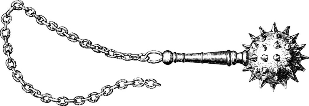 Antique engraved flail with long chain and spiked mace isolated on white background for vintage illustration and design