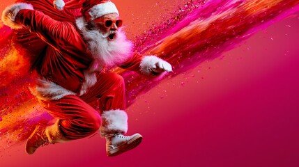 Naklejka premium Energetic Santa Claus in red suit and sunglasses leaps dynamically against a vibrant pink background with colorful confetti explosion, modern festive style.