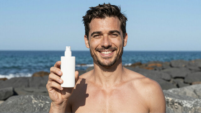 Shirtless smiling man presents sunscreen spray on rocky coast beside blue summer ocean