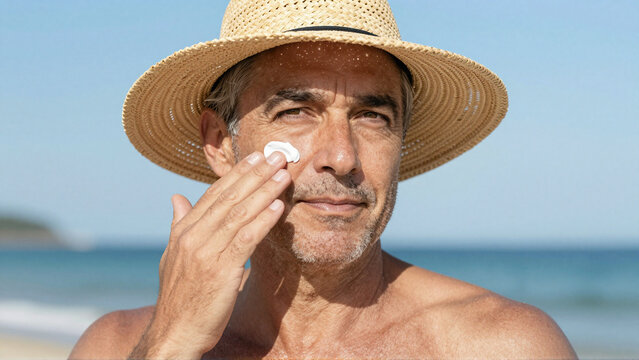 Mature man in straw hat applying sunscreen by sea on bright summer day