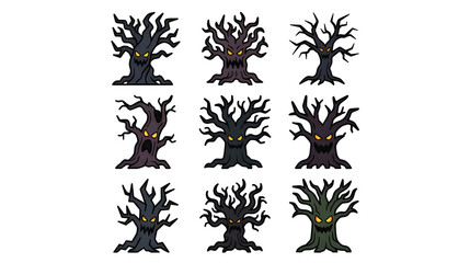 Fototapeta premium Spooky Creepy Halloween Tree Monsters Set with Scary Faces and Twisted Branches