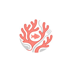 Naklejka premium Circular coral reef and fish with fork icon.