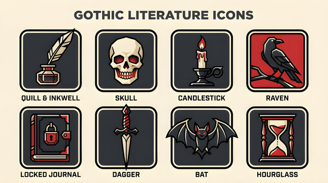 Gothic Literature Icons Set with Skull Raven Candlestick and Dagger