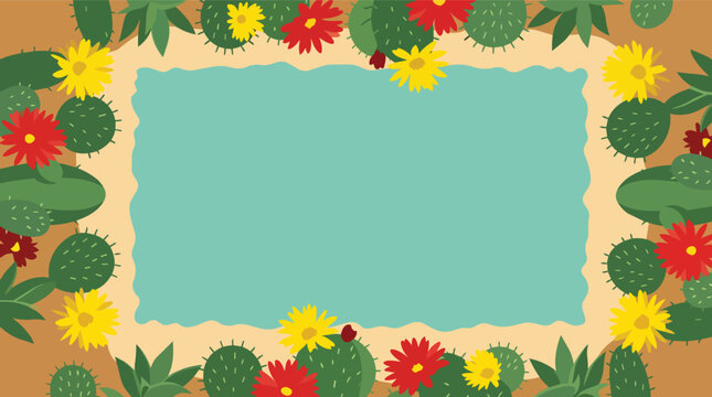 Flowering cactus frame border with desert blooms in modern flat vector illustration for mexican theme invitations and botanical stationery