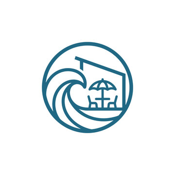 Circular beach cafe logo with wave and umbrella.