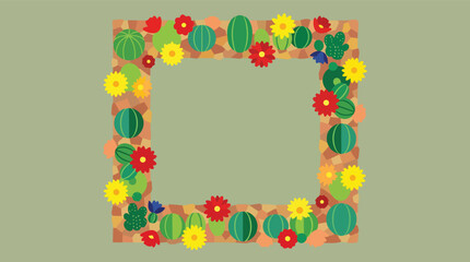 Fototapeta premium Cactus frame with desert flowers in modern flat vector illustration for botanical stationery and eco-friendly branding